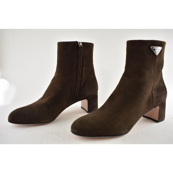 Prada 55MM Moro Chocolate Brown Suede Logo Short Ankle Block Heel Bootie 37.5 - Picture 12 of 16